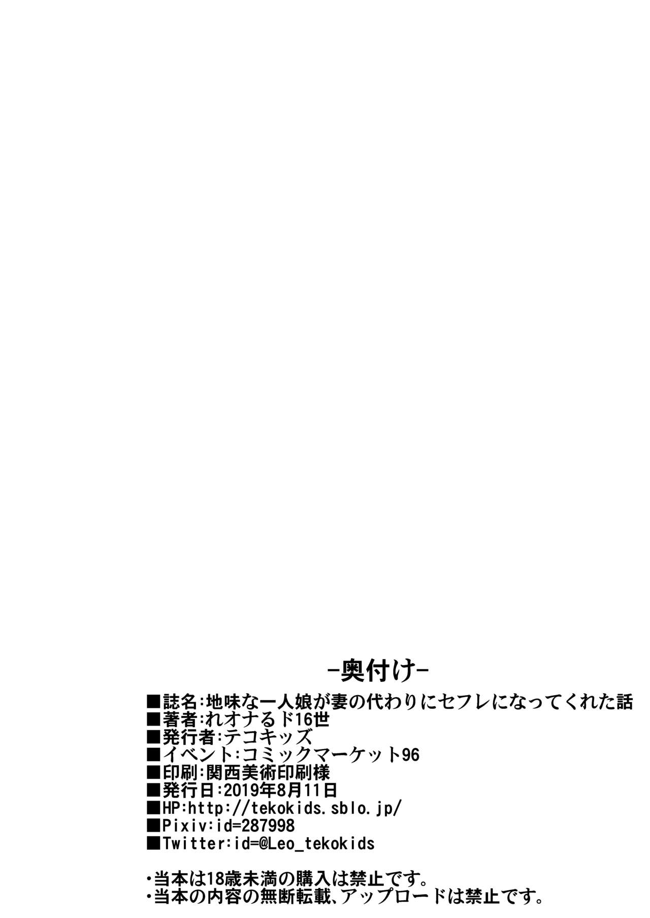 [日本漫画] (C96) [Tekokids (Leonard 16sei)] Jimi na Hitorimusume ga Tsuma no Kawari ni SeFri ni Natte kureta Hanashi   单本,萝莉,单女,女学生制服,单男,丝袜#[57P]-57